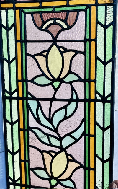 Detail of Victorian style flowers and foliage design, new and unused leadlight made locally in SA, textured pink, and green with yellow and red flowers and clear rondels, each panel is H 1110 x W 375mm (LL402 & LL403 FOZI) $1890 pair