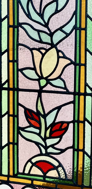 Detail of Victorian style flowers and foliage design, new and unused leadlight made locally in SA, textured pink, and green with yellow and red flowers and clear rondels, each panel is H 1110 x W 375mm (LL402 & LL403 FOZI) $1890 pair