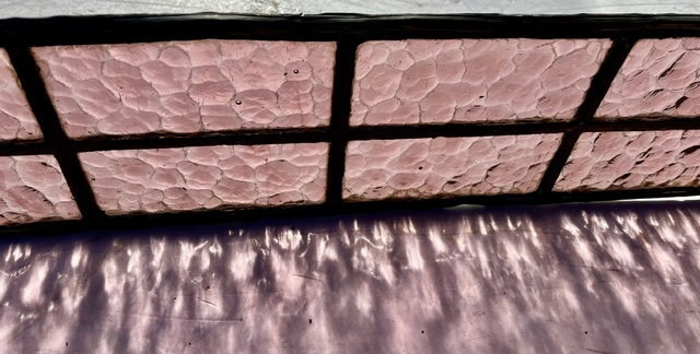 Detail of pink textured sidelight panel, 1039 x 150mm (LL405 FOZI) $220 salvaged, vintage recycled, demolition, reproduction, restoration, home renovation secondhand, used , original, old, reclaimed, heritage, antique, victorian, art nouveau edwardian, georgian, art deco