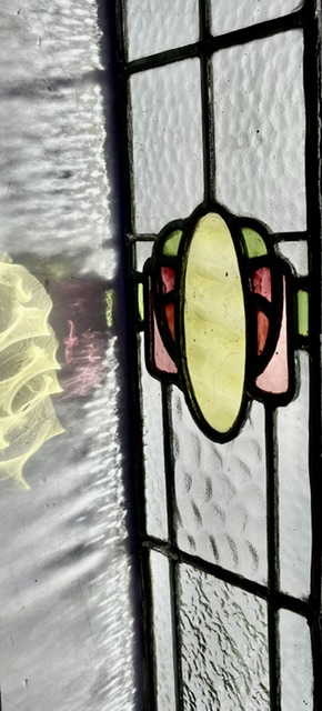 Detail of slender original sidelight panel in yellow, green, pink and red textured leadlight, H 1018 x W 160mm (LL404 FT) $345 salvaged, vintage recycled, demolition, reproduction, restoration, home renovation secondhand, used , original, old, reclaimed, heritage, antique, victorian, art nouveau edwardian, georgian, art deco