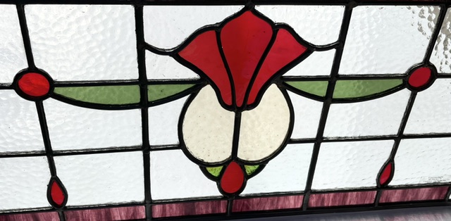 Detail of Art Nouveau leadlight, new and made in SA with red stylised flower and garland design in red, green and cream, H 382 x W 677mm (LL407 FOZI) $485 salvaged, vintage recycled, demolition, reproduction, restoration, home renovation secondhand, used , original, old, reclaimed, heritage, antique, victorian, art nouveau edwardian, georgian, art deco