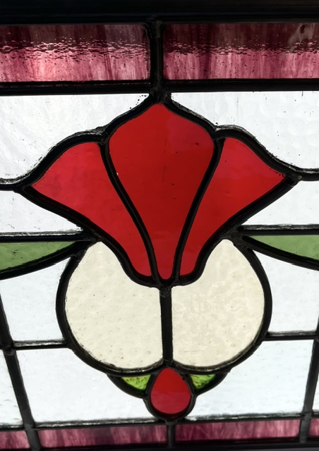 Detail of Art Nouveau leadlight, new and made in SA with red stylised flower and garland design in red, green and cream, H 382 x W 677mm (LL407 FOZI) $485 salvaged, vintage recycled, demolition, reproduction, restoration, home renovation secondhand, used , original, old, reclaimed, heritage, antique, victorian, art nouveau edwardian, georgian, art deco