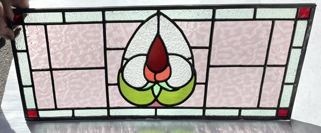 Art Nouveau stylised red and pink flower on soft textured pink and green leadlight, new, unused made in SA, H 360 x W 768mm (LL408 FOZI) $525