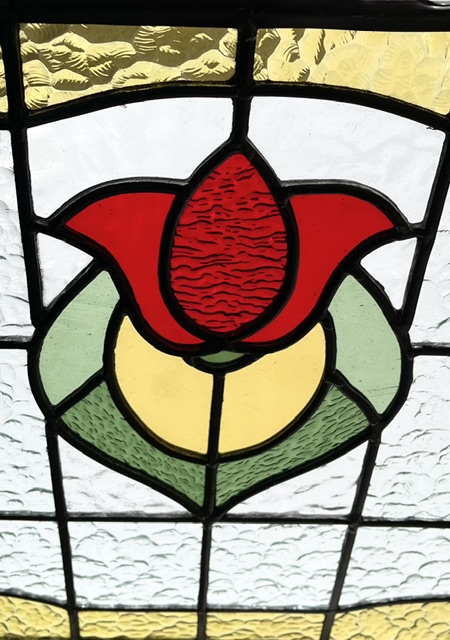 Detail of stylised red flower on yellow and green background with yellow border, new leadlight made in SA H 490 x W 835mm (LL409 FOZI) $655 salvaged, vintage recycled, demolition, reproduction, restoration, home renovation secondhand, used , original, old, reclaimed, heritage, antique, victorian, art nouveau edwardian, georgian, art deco