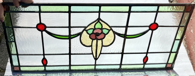Classical rose and garland design leadlight in pink, green and yellow with green border, H 367 x W 775mm (LL410 FOZI) $465 salvaged, vintage recycled, demolition, reproduction, restoration, home renovation secondhand, used , original, old, reclaimed, heritage, antique, victorian, art nouveau edwardian, georgian, art deco