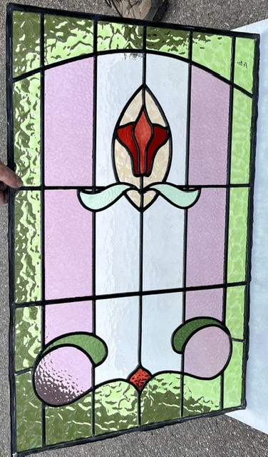 New Art Nouveau stylised red flower leadlight with pink and green textured glass, made in SA, H 835 x W 553mm (LL415 FOZI) $700 salvaged, vintage recycled, demolition, reproduction, restoration, home renovation secondhand, used , original, old, reclaimed, heritage, antique, victorian, art nouveau edwardian, georgian, art deco