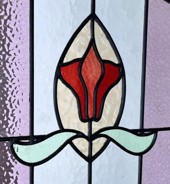 Detail of Art Nouveau stylised red flower leadlight with pink and green textured glass, made in SA, H 835 x W 553mm (LL415 FOZI) $700 salvaged, vintage recycled, demolition, reproduction, restoration, home renovation secondhand, used , original, old, reclaimed, heritage, antique, victorian, art nouveau edwardian, georgian, art deco