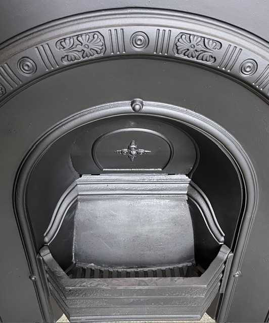 Detail of 'model 186A' original arched Victorian cast iron fire insert, fully restored by Feds, 965 x 965mm (F491) $825 salvaged vintage recycled, demolition, reproduction, restoration, home renovation secondhand, used , original, old, marble, reclaimed, heritage, antique, victorian, art nouveau edwardian georgian art deco