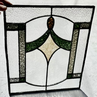 Art Deco leadlight, green, yellow and orange panes, H 455 x W 370mm (LL422 FOZI) $245 salvaged, vintage recycled, demolition, reproduction, restoration, home renovation secondhand, used , original, old, reclaimed, heritage, antique, victorian, art nouveau edwardian, georgian, art deco