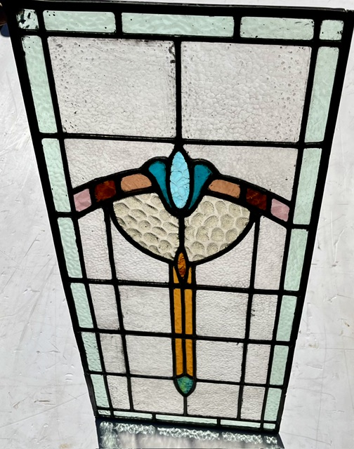 New Art Deco leadlight panel in aqua and turquoise with orange, brown and yellow details and green border, H 815 x W 360mm (LL426 FOZI) $525 salvaged, vintage recycled, demolition, reproduction, restoration, home renovation secondhand, used , original, old, reclaimed, heritage, antique, victorian, art nouveau edwardian, georgian, art deco