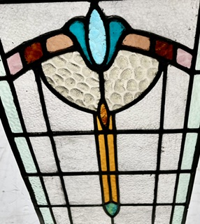 Detail of new Art Deco leadlight panel in aqua and turquoise with orange, brown and yellow details and green border, H 815 x W 360mm (LL426 FOZI) $525 salvaged, vintage recycled, demolition, reproduction, restoration, home renovation secondhand, used , original, old, reclaimed, heritage, antique, victorian, art nouveau edwardian, georgian, art deco