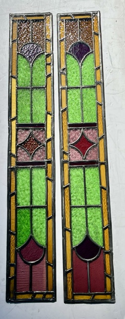 Pair of original Victorian geometric leadlight panels, moulded botanic design glass gree, pink and yellow, each panel is H 1100 x W 170mm (LL433 FT) $770 pair salvaged, vintage recycled, demolition, reproduction, restoration, home renovation secondhand, used , original, old, reclaimed, heritage, antique, victorian, art nouveau edwardian, georgian, art deco
