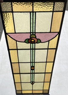 Striking tall yellow leadlight with Art Deco stylised flower design, hand made in SA, H 1130 x W 385mm (LL429 FOZI) $765 salvaged, vintage recycled, demolition, reproduction, restoration, home renovation secondhand, used , original, old, reclaimed, heritage, antique, victorian, art nouveau edwardian, georgian, art deco
