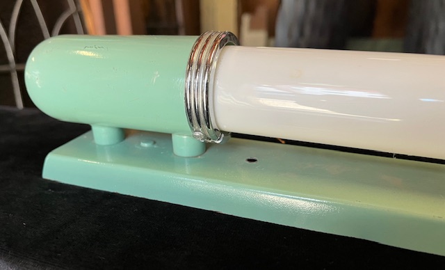 Detail of enamelled green metal Art Deco fluoro wall light, 460mm long x 55mm projection (L495) $235 salvaged vintage recycled, demolition, reproduction, restoration, home renovation secondhand, used , original, old, reclaimed, heritage, antique, victorian, art nouveau edwardian georgian art deco