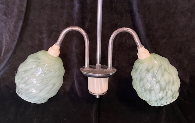 Original condition Art Deco 2 arm nickel pendant light with pale green artichoke/scale pattern shades, 670mm drop x 520mm diam (L493) $235 salvaged vintage recycled, demolition, reproduction, restoration, home renovation secondhand, used , original, old, reclaimed, heritage, antique, victorian, art nouveau edwardian georgian art deco