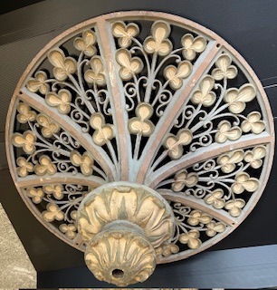 Wonderful pair of cast metal ceiling roses covered in a field of clovers as they were sourced from the Irish Alfred Masonic Lodge in Waymouth Street Adelaide. Each rose is 860mm diam (D381 & D382) $545 each salvaged vintage recycled, demolition, reproduction, restoration, home renovation secondhand, used , original, old, reclaimed, heritage, antique, victorian, art nouveau edwardian georgian art deco