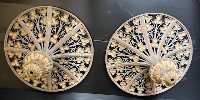 Wonderful pair of cast metal ceiling roses covered in a field of clovers as they were sourced from the Irish Alfred Masonic Lodge in Waymouth Street Adelaide. Each rose is 860mm diam (D381 & D382) $545 each salvaged vintage recycled, demolition, reproduction, restoration, home renovation secondhand, used , original, old, reclaimed, heritage, antique, victorian, art nouveau edwardian georgian art deco