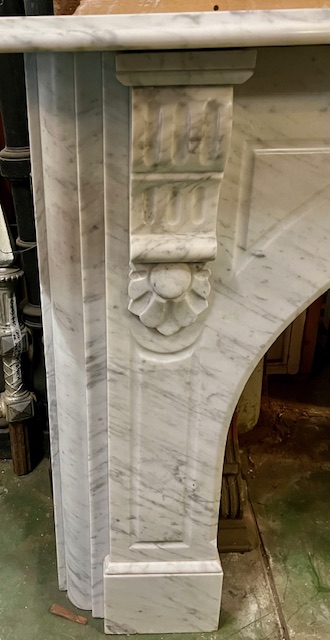Detail of Victorian original restored marble mantel with extra depth to legs, and carved breast plate, legs and keystone, top shelf 1925 x 360mm, outer 1590mm, height 1215mm, opening W 915 x H 925mm, leg depth 220mm (M355) $4,500 salvaged vintage recycled, demolition, reproduction, restoration, home renovation secondhand, used , original, old, reclaimed, heritage, antique, victorian, art nouveau edwardian georgian art deco