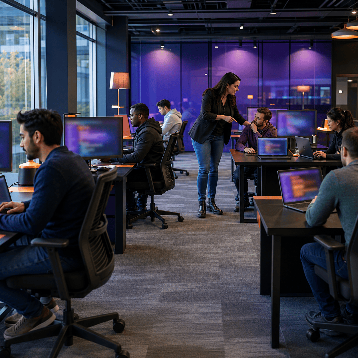 A team working at desktop workstations in an open-plan office with large windows
