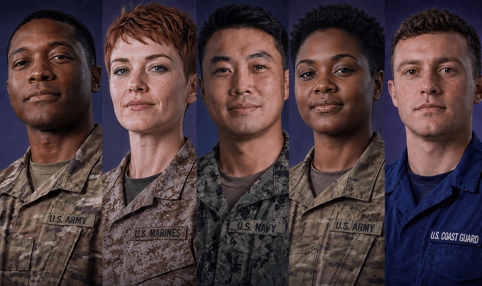 Portraits of five U.S. service members in uniform standing side by side