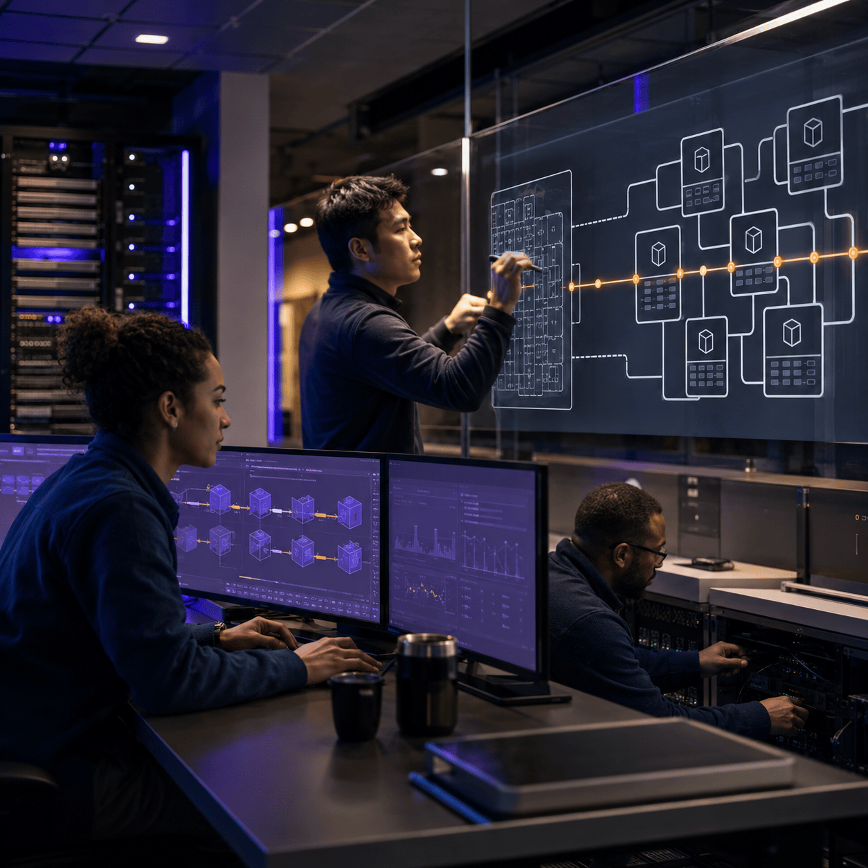 Technologists in a data center working at monitors while a colleague sketches a system diagram on a lit glass wall