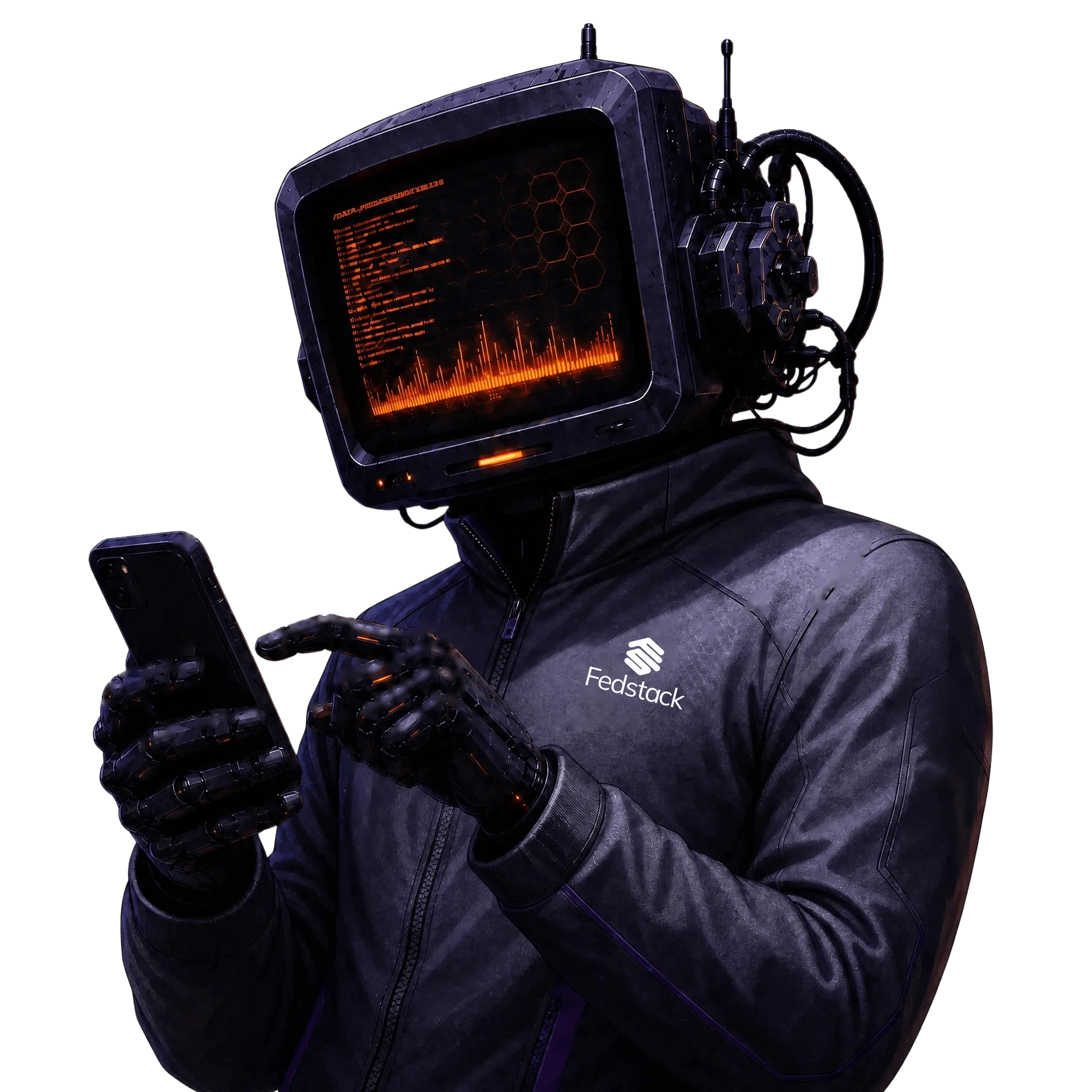 Fedstack Tech Force mascot holding a phone
