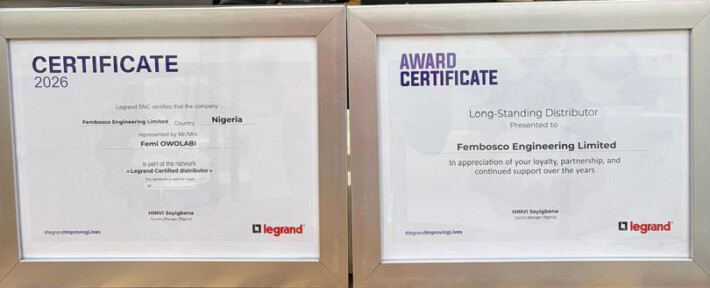 Legrand Award Certificate – FEMBOSCO Engineering Limited