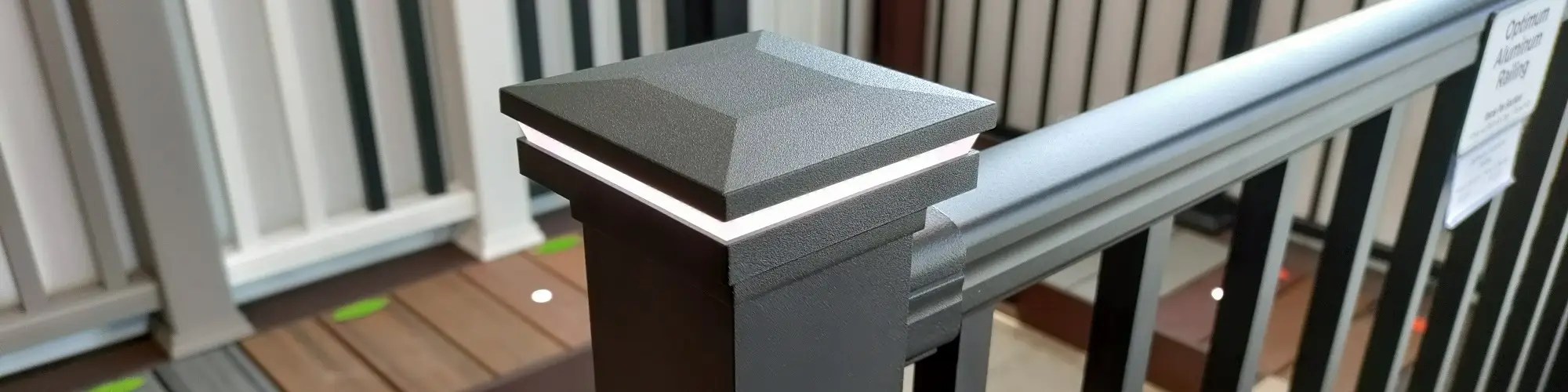 Railing Post Cap Light on aluminum railing in Fence & Deck Supply showroom, Provo, Utah