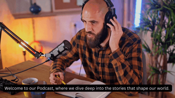 A podcast video with subtitles