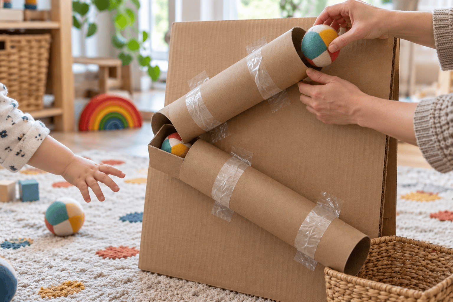 Adult hands taping a wide cardboard tube to a board while a toddler reaches for a large fabric ball
