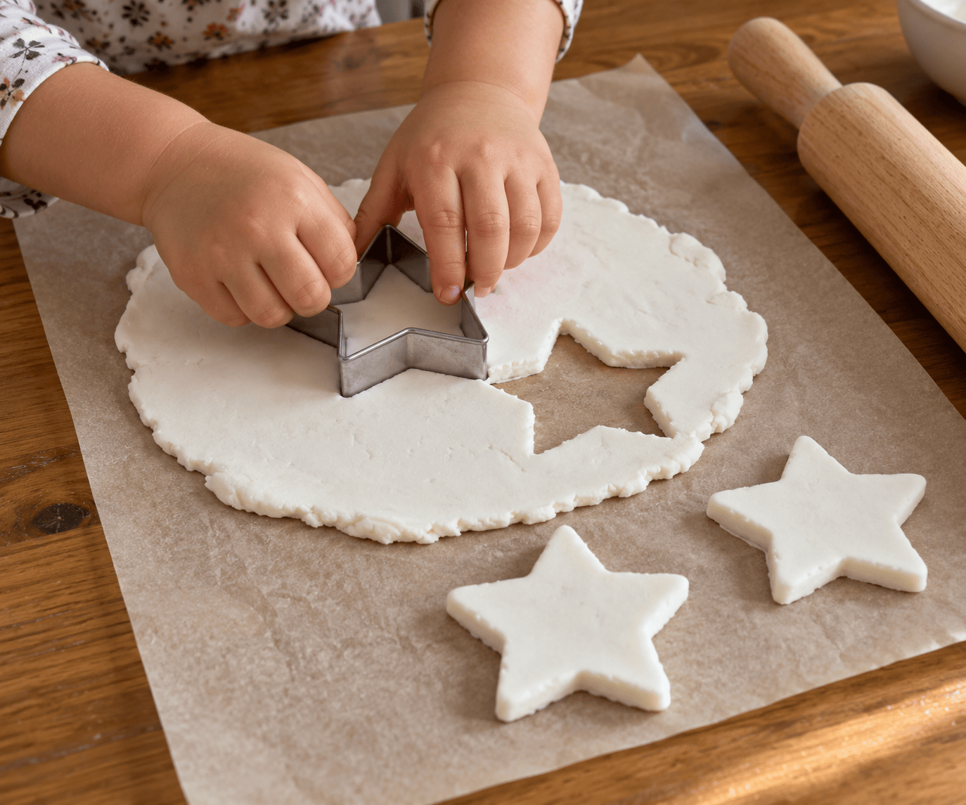 Child hands pressing star cutter into cooled rolled white clay on parchment