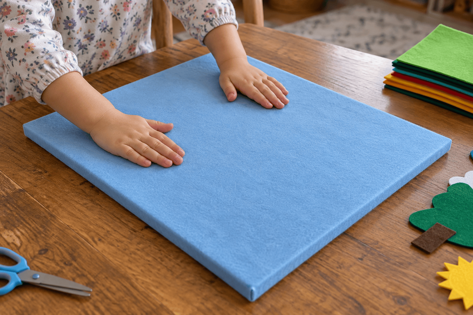 Small hands smooth blue felt over a board while the excess wraps around the back