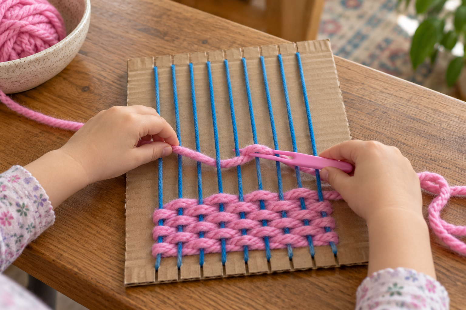 Preschool hands weaving pink yarn over and under blue vertical strands on cardboard