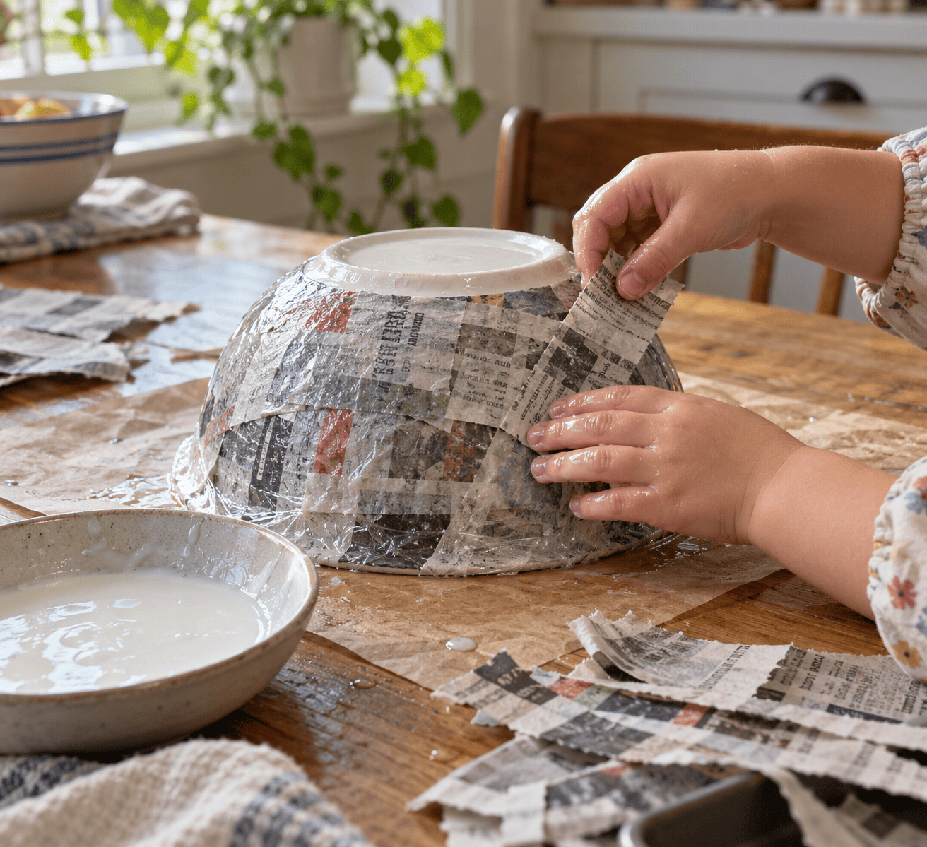 Hands pressing overlapping glue-wet newspaper strips onto outside of inverted wrapped bowl
