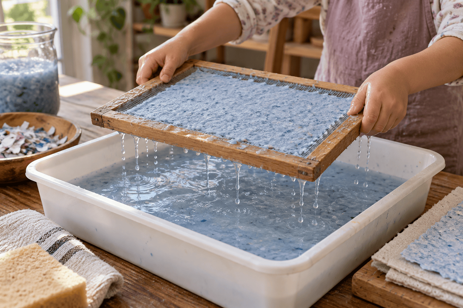 Child hands lifting an even layer of blue paper pulp on a mesh screen above a water tray