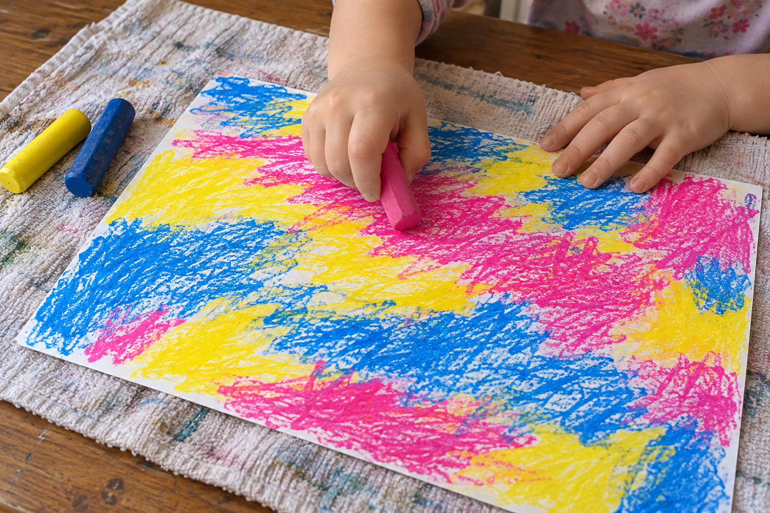 Child hands covering cardstock densely with bright wax crayon patches