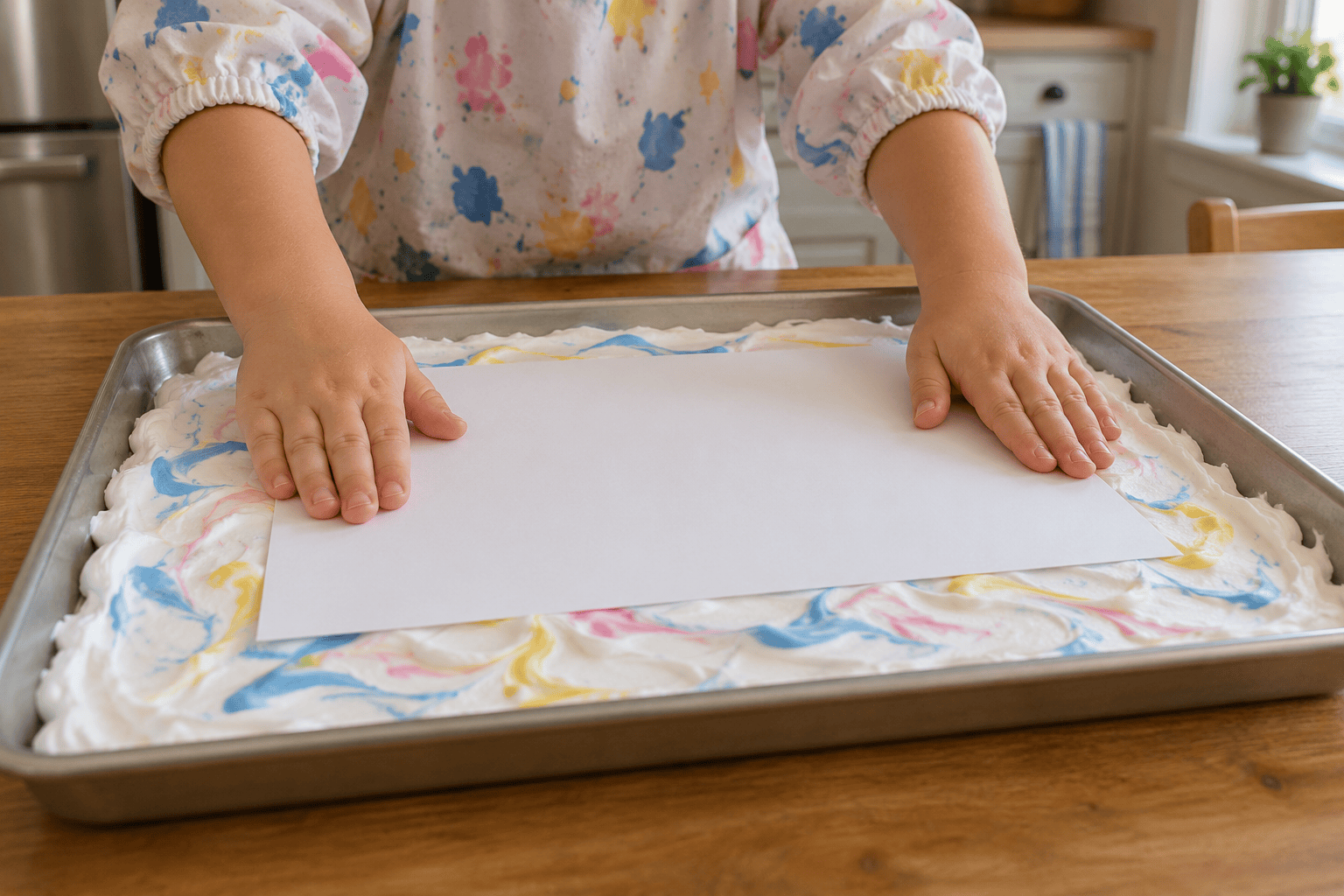 Small hands press a cardstock sheet flat onto colorful shaving foam swirls in a shallow tray
