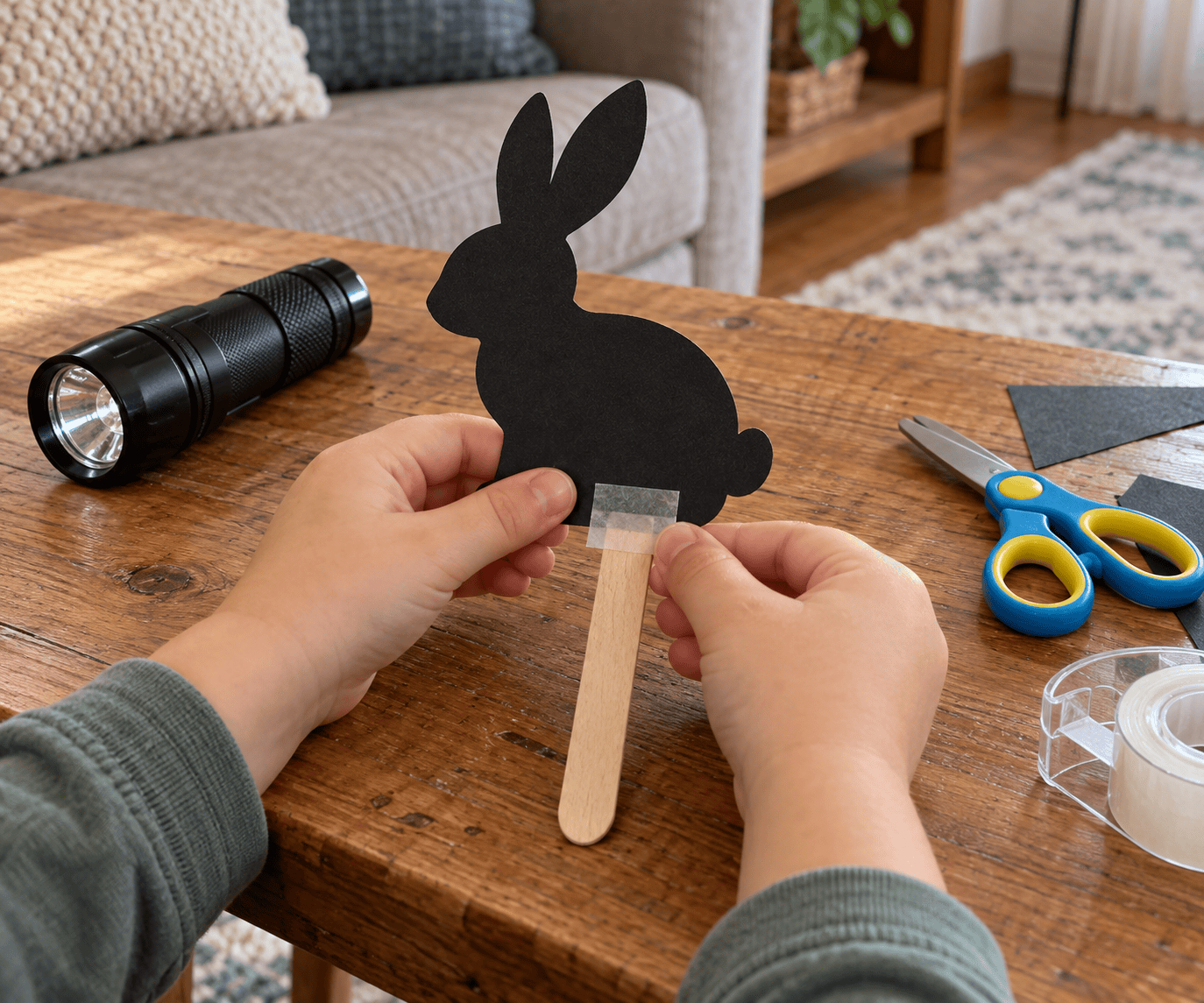 Toddler hands attaching a black paper rabbit cutout to a craft stick with tape