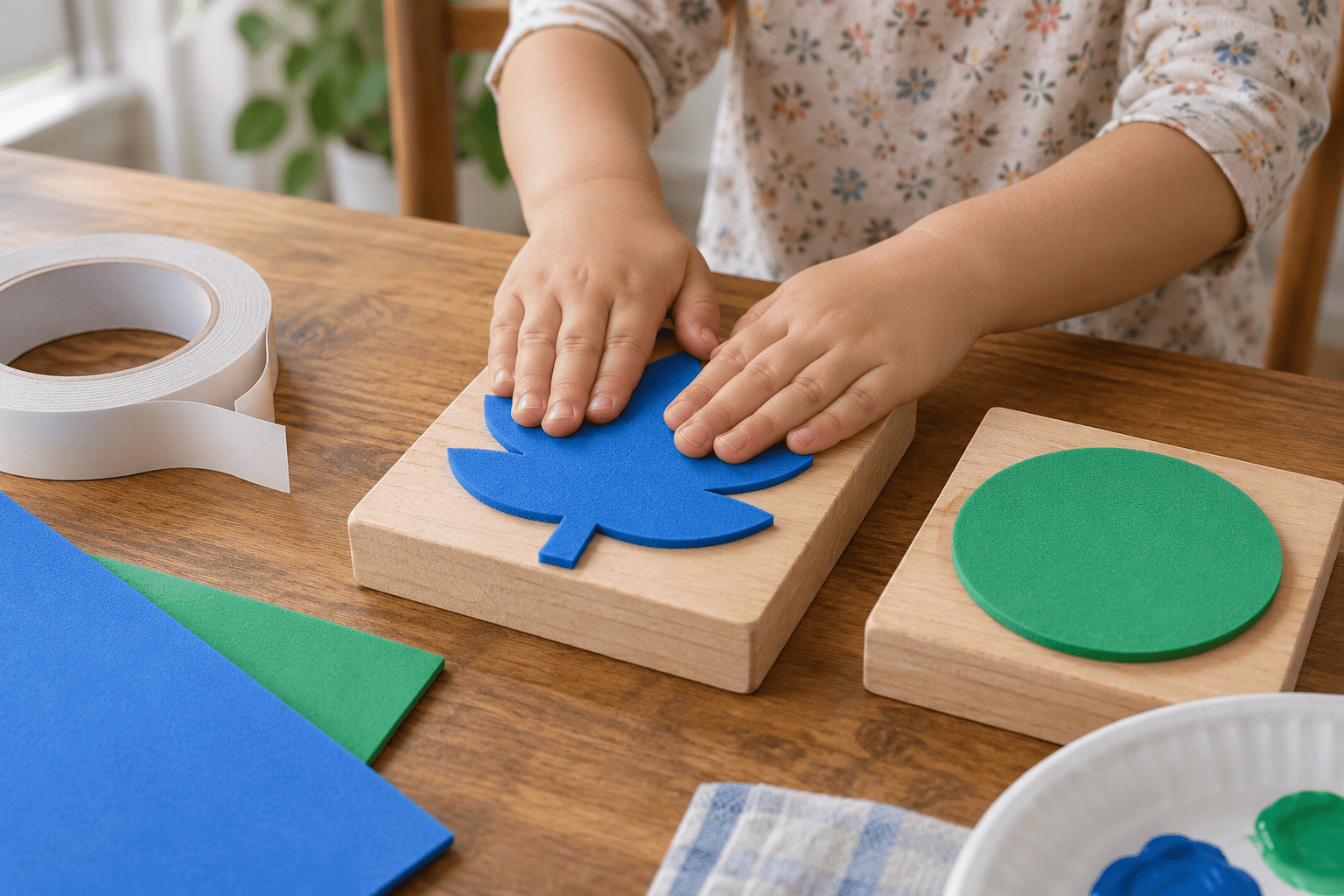 Small hands press a large blue craft-foam stamp shape onto a palm-size wooden block