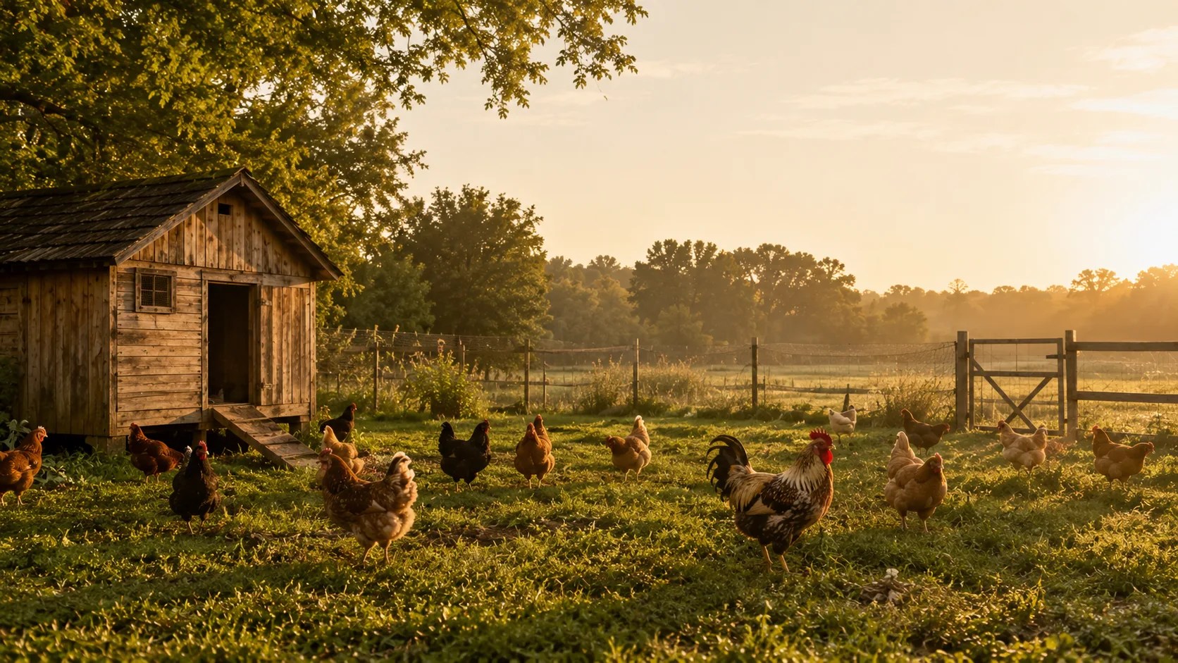 Hens and a rooster roaming a grassy farm yard at sunrise
