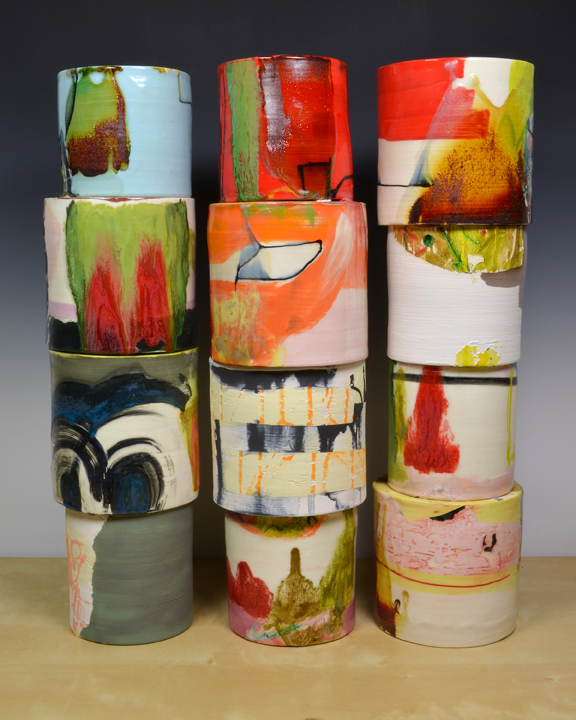 Lauren Mabry, "Composition of Enclosed Cylinders", 2013, red earthenware, slips, glaze, 20 x 17 x 6"