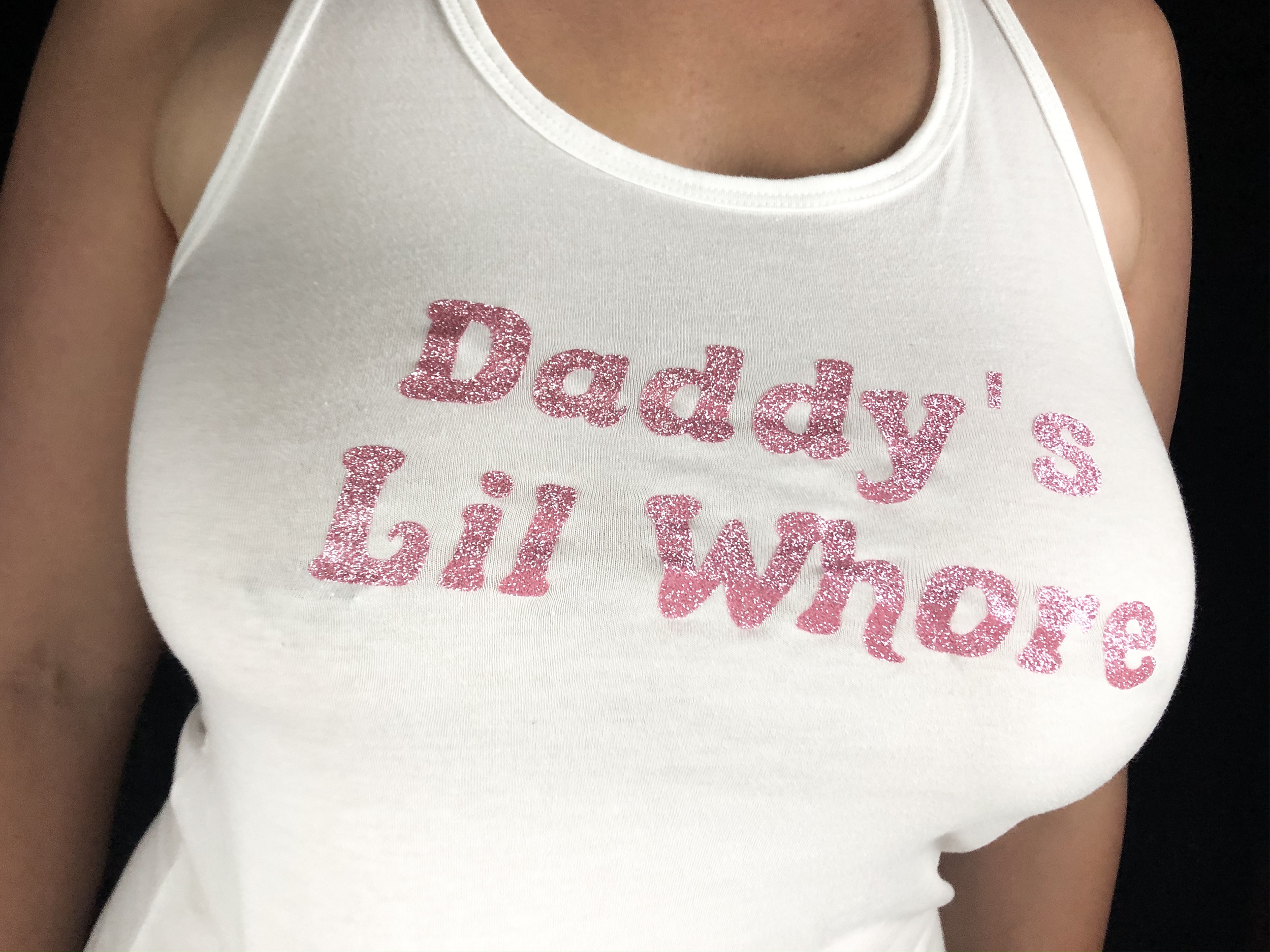 Daddy's Lil Whore Pink Cursive Glitter Tank Top