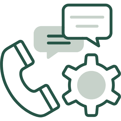 Customer support icon with phone, chat, and gear for insurance services.