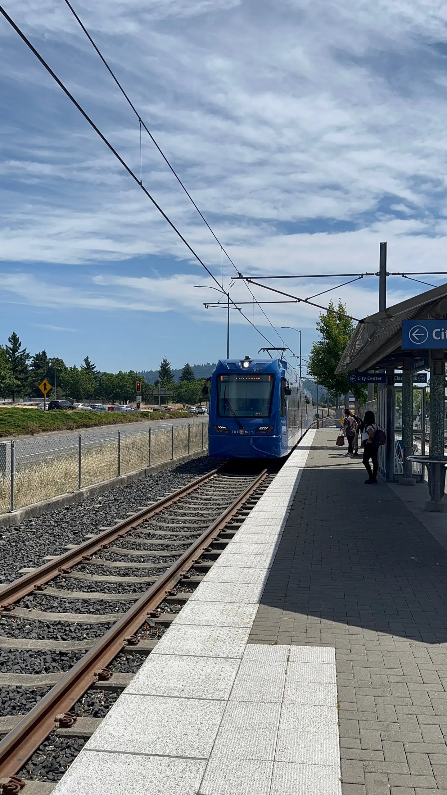 Photo of TriMet MAX 601 arriving at SE Powell Blvd on the Green Line heading northbound to City Center/PSU.