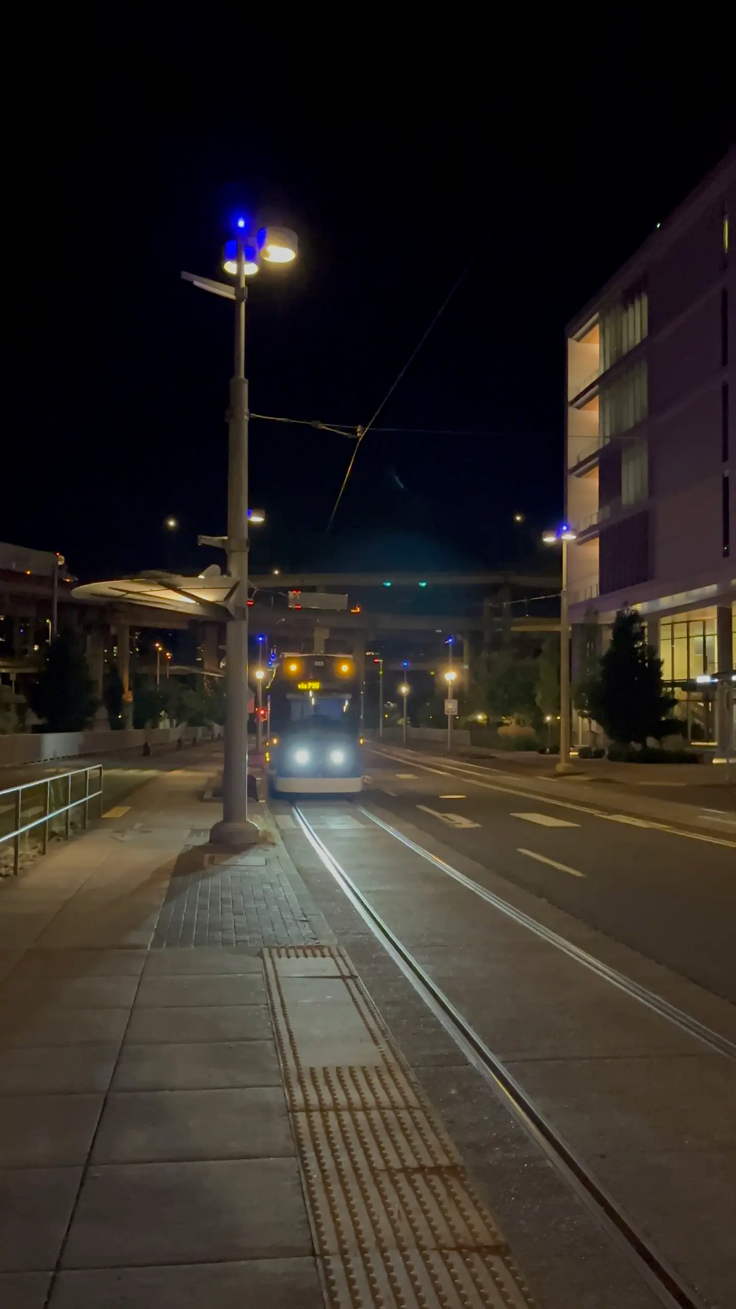 Photo of Portland Streetcar 033 arriving at S Moody and Meade as the last train of the night.