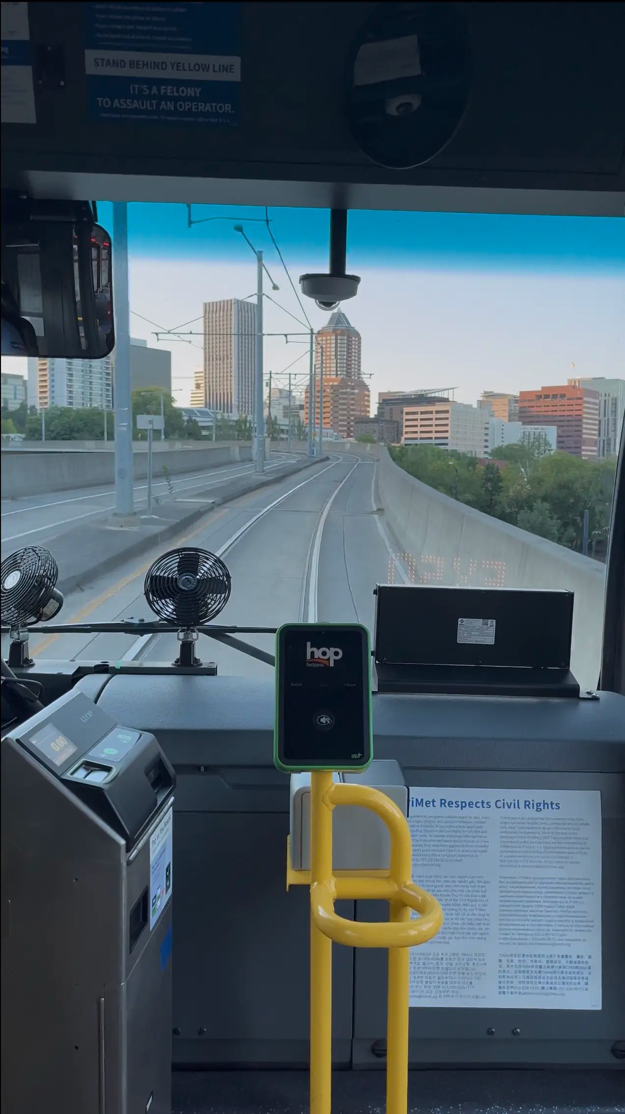 Video still of an FX2 bus heading north on the Harbor Viaduct towards city center.