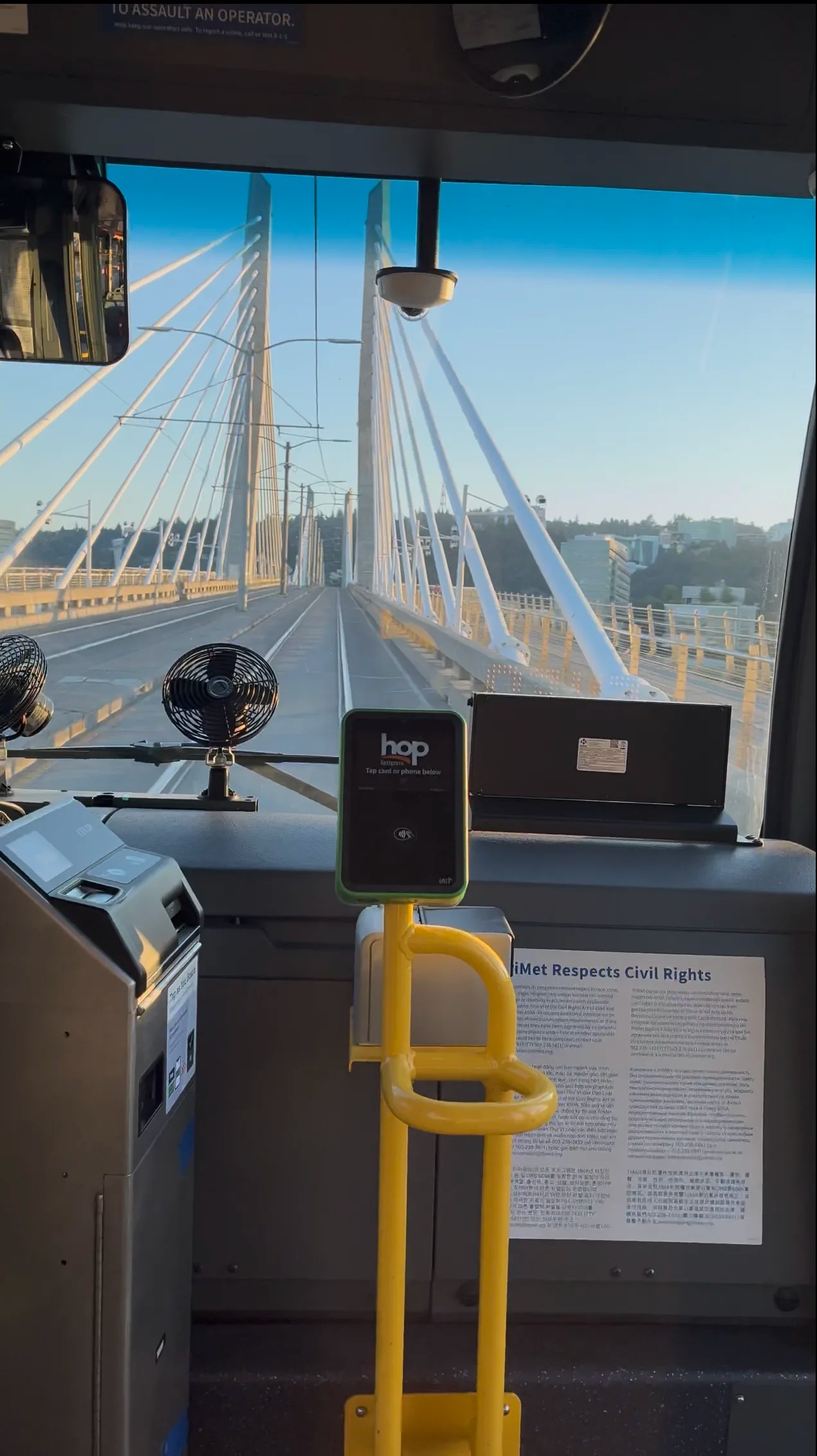 Video still of an FX2 bus crossing the Tilikum Crossing towards city center.