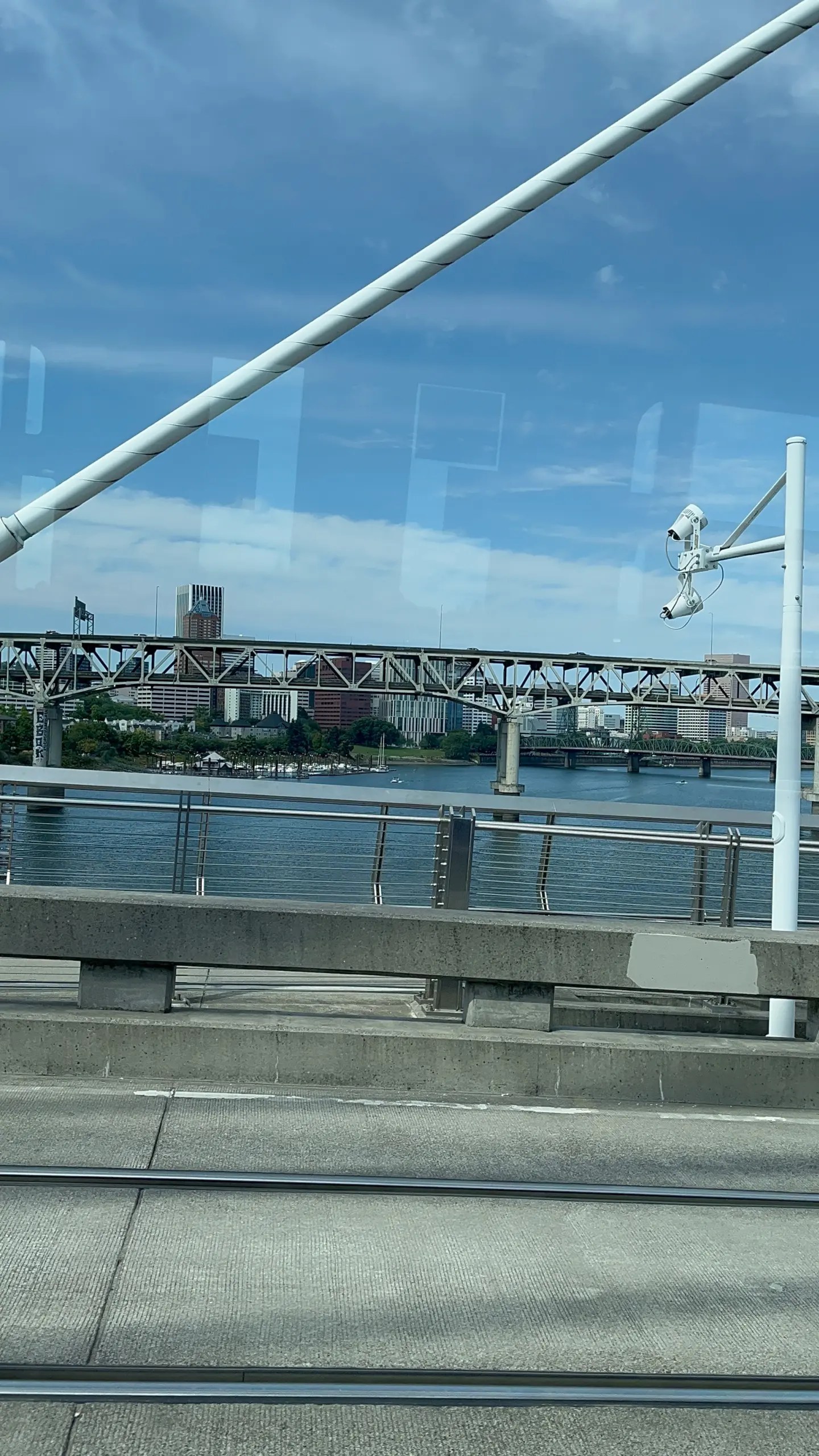 Photo of the Downtown Portland seen while crossing the Tilikum Crossing on a battery-electric Gillig.