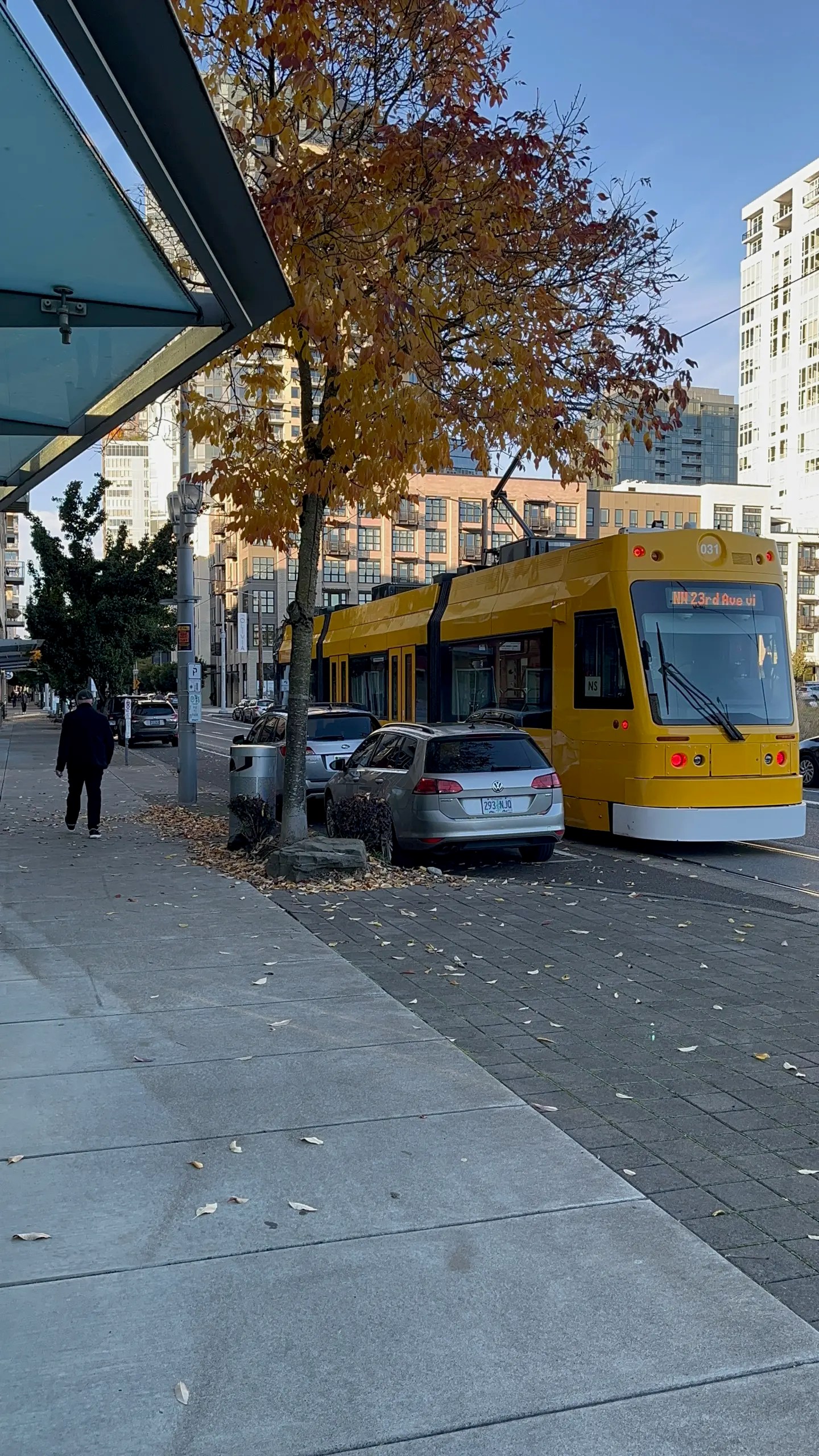 Photo of Portland Streetcar 031 departing northbound from S Lowell & Bond with the yellow paint of the car matching the yellow leaves of a tree next to it.