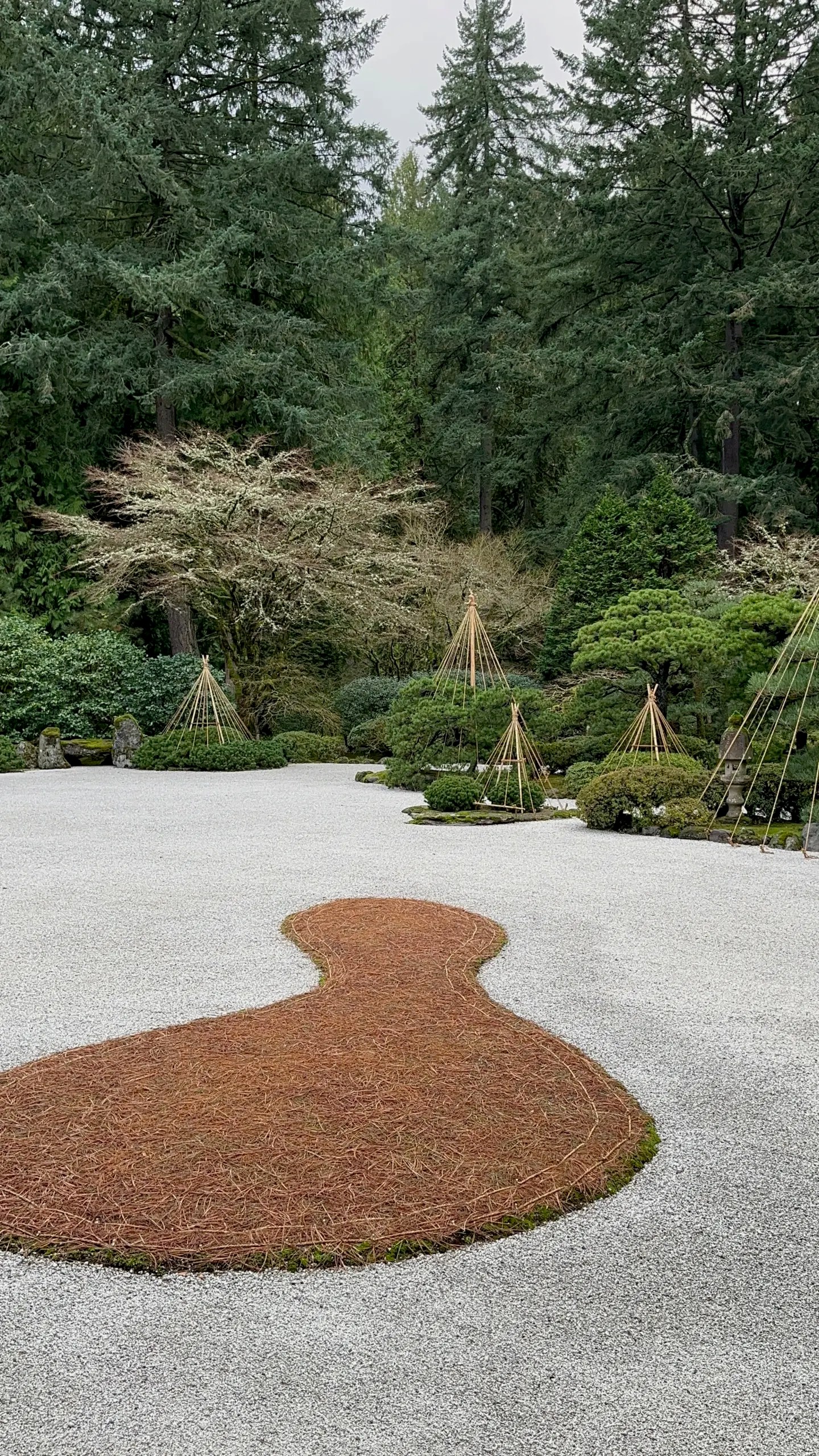 Photo of various traditional Japanese winter decorations in the Flat Garden of the Portland Japanese Garden.